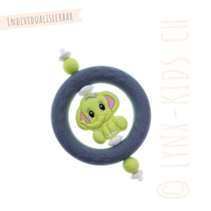 „Baby Love“ Beissring (klein) in grau mit Elefant grün