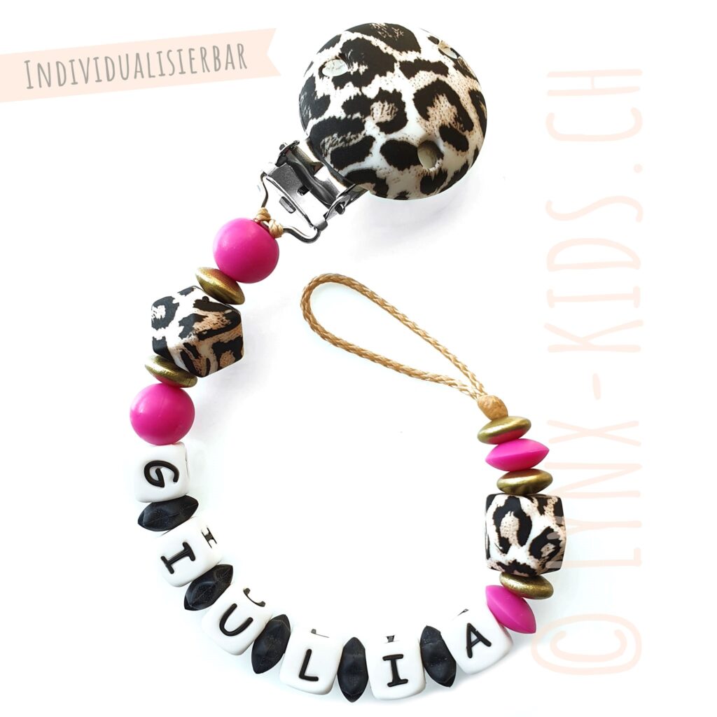 Nuggikette/Schnullerkette Mädchen, Sonderedition Leopard Perle wild aus Silikon mit pink